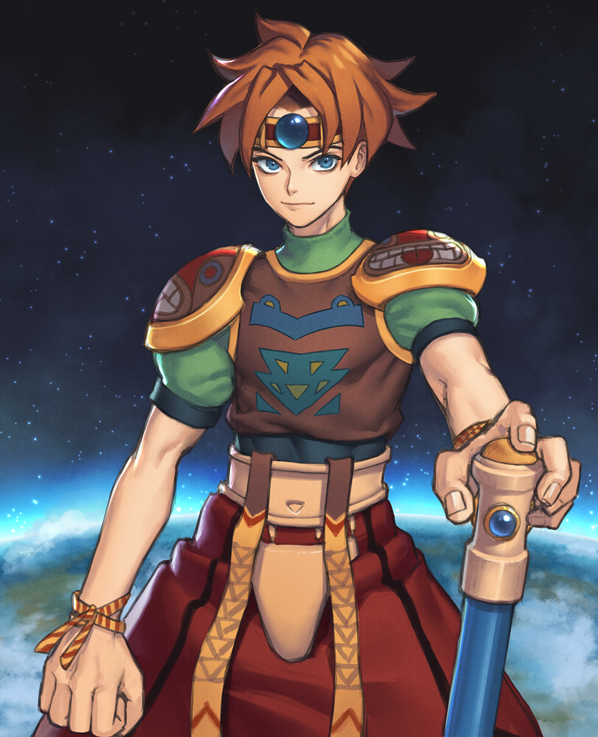 1boy, ark_(tenchi_souzou), armor, baggy_pants, bangs, belt, blue_eyes, brown_hair
