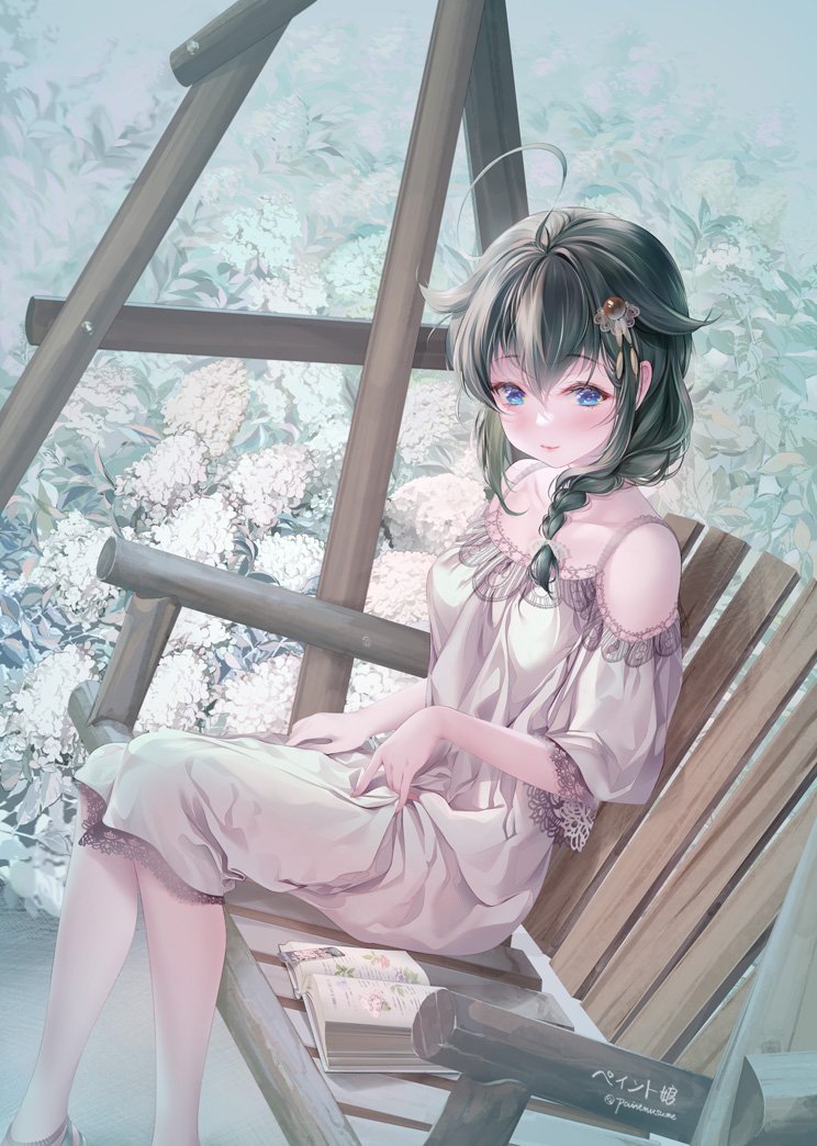 1girl, ahoge, alternate_costume, bench, black_hair, blue_eyes, book, braid