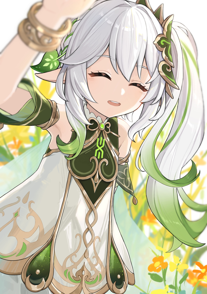 1girl, :d, ^_^, ^o^, absurdres, bangs, blurry, bracelet, braid, cape, closed_eyes, commentary_request, cookieee, depth_of_field, detached_sleeves, dress, field, flower, flower_field, genshin_impact, gradient_hair, hair_between_eyes, hair_ornament, headpat, highres, jewelry, long_hair, looking_at_viewer, multicolored_hair, nahida_(genshin_impact), pointy_ears, pov, short_sleeves, side_ponytail, sidelocks, single_braid, smile, solo, white_dress, white_hair