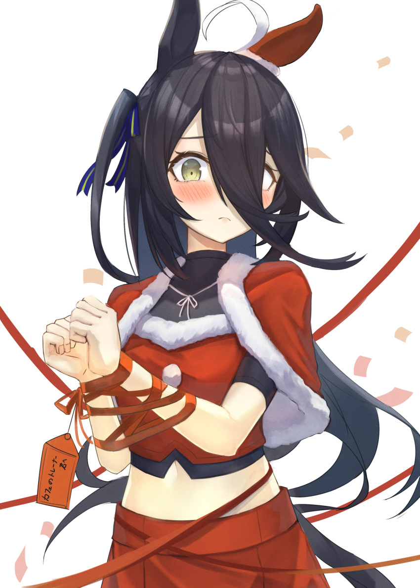 1girl, absurdres, ahoge, black_hair, blush, bound, bound_wrists, capelet