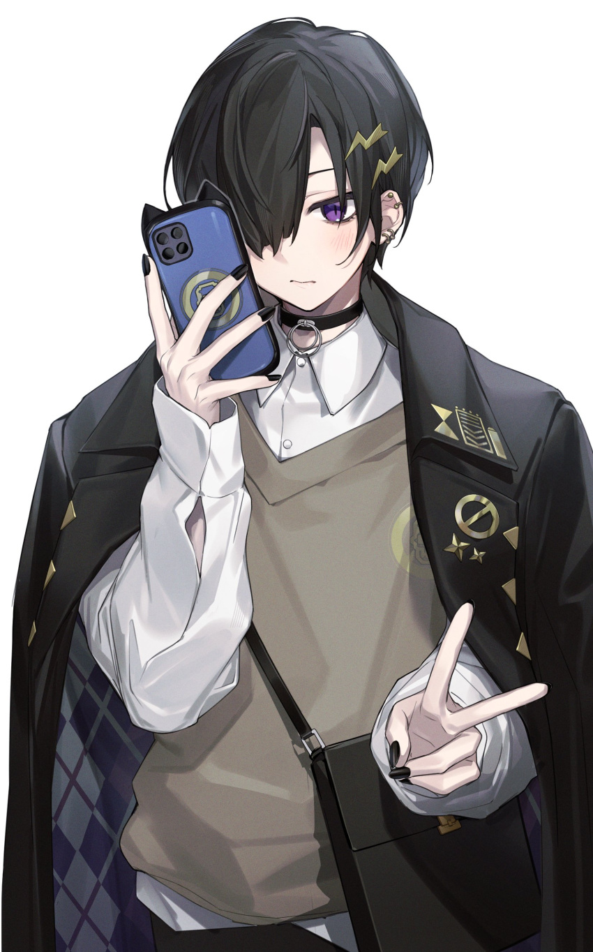 1boy, absurdres, argyle, bag, black_choker, black_coat, black_hair, black_nails