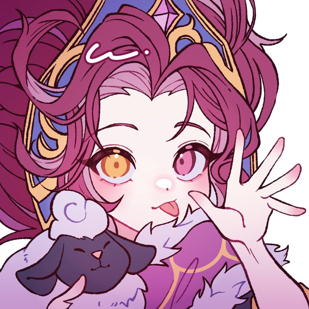 1girl, :p, animal, bangs, bonglae, cape, fur-trimmed_cape, fur_trim, hair_ornament, hand_up, heterochromia, league_of_legends, orange_eyes, pink_eyes, redhead, sheep, simple_background, smile, solo, tongue, tongue_out, white_background, winterblessed_zoe, zoe_(league_of_legends)