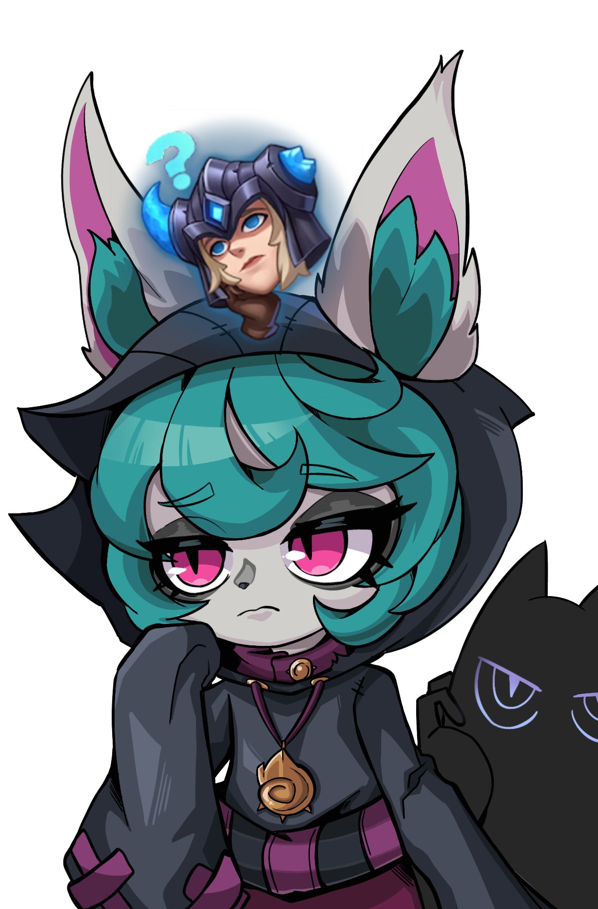 1girl, bangs, beseunaj-jamjaneun_gemdol-i, black_hoodie, blonde_hair, broken_horn, brown_gloves, closed_mouth, cowboy_shot, ears_through_headwear, emoji, fake_horns, gloves, green_hair, highres, hood, hood_up, hoodie, horned_headwear, horns, jewelry, league_of_legends, necklace, pants, pink_eyes, pink_pants, sejuani, simple_background, single_horn, sleeves_past_fingers, sleeves_past_wrists, slit_pupils, vex_(league_of_legends), vex_shadow_(league_of_legends), white_background, yordle