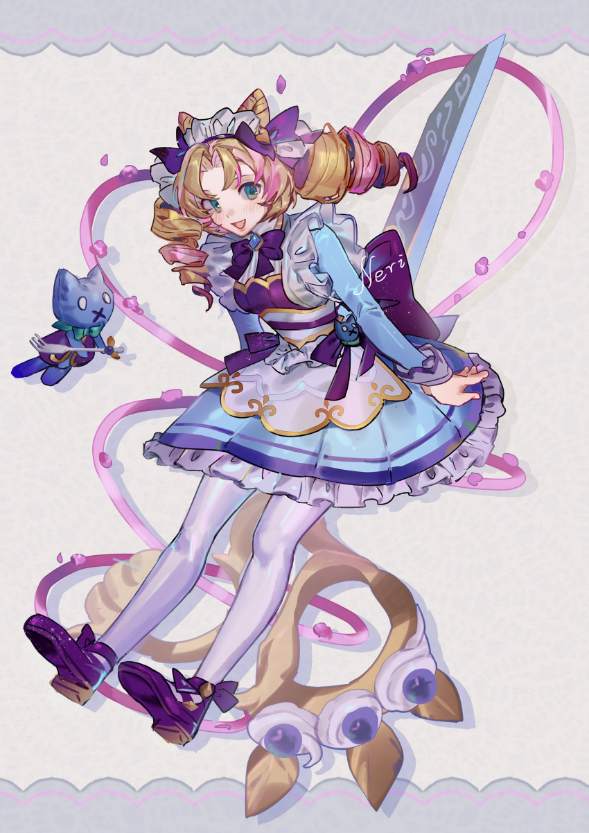 1girl, :d, absurdres, bangs, blonde_hair, blush, bow, bowtie, breasts, cafe_cuties_(league_of_legends), cafe_cuties_gwen, cone_hair_bun, dress, drill_hair, frills, full_body, gwen_(league_of_legends), hair_bow, hair_bun, highres, league_of_legends, long_hair, long_sleeves, looking_at_viewer, maid_headdress, medium_breasts, multicolored_hair, neri_(neri23152939), pantyhose, parted_bangs, pink_hair, purple_bow, purple_bowtie, shoes, smile, twin_drills, twintails, two-tone_hair, white_background, white_pantyhose