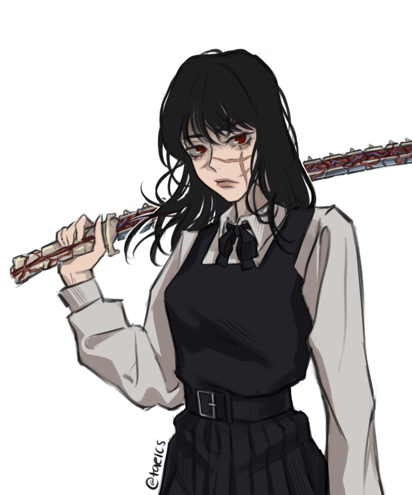 1girl, black_dress, black_hair, black_ribbon, chainsaw_man, collared_shirt, cross_scar, dress, highres, holding, holding_sword, holding_weapon, long_hair, looking_at_viewer, pinafore_dress, red_eyes, ribbon, ringed_eyes, scar, scar_on_cheek, scar_on_face, shirt, simple_background, solo, spine, sword, taeics, weapon, white_background, white_shirt, yoru_(chainsaw_man)