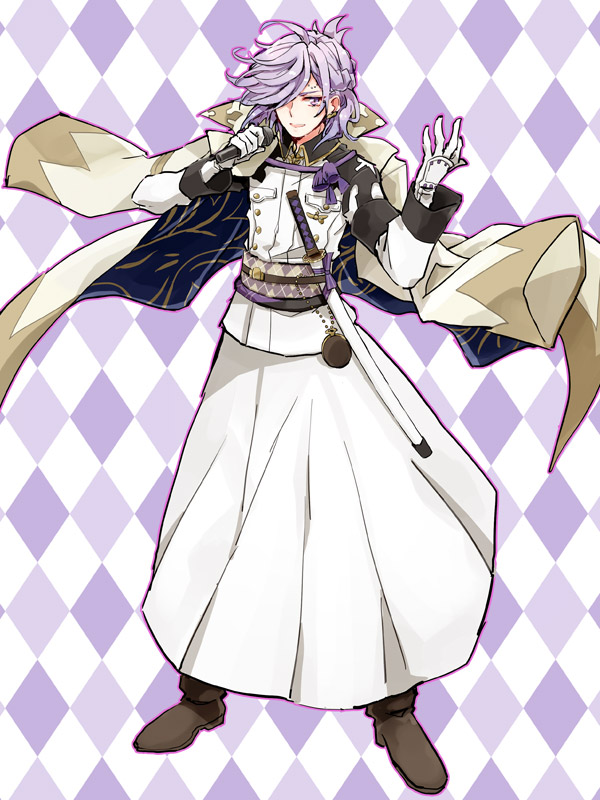 1boy, :d, argyle, argyle_background, bakumatsu_rock, belt, brown_belt, brown_footwear