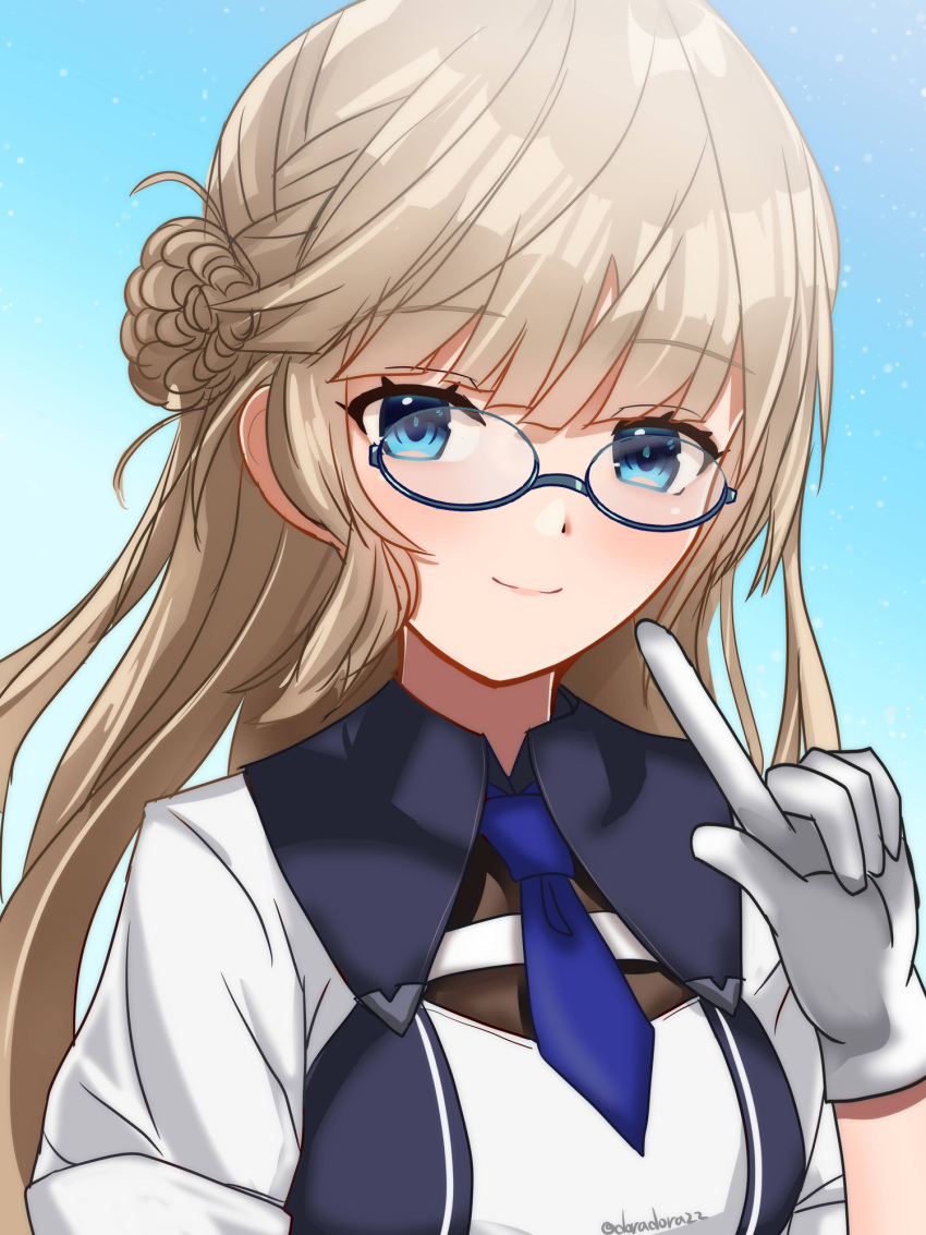 1girl, artist_name, bespectacled, blonde_hair, blue-framed_eyewear, blue_dress, blue_eyes, blue_necktie