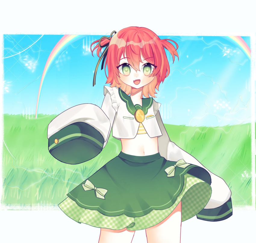 +_+, 1girl, :d, blue_sky, cropped_shirt, fang, fuyo_cloverfield, green_eyes