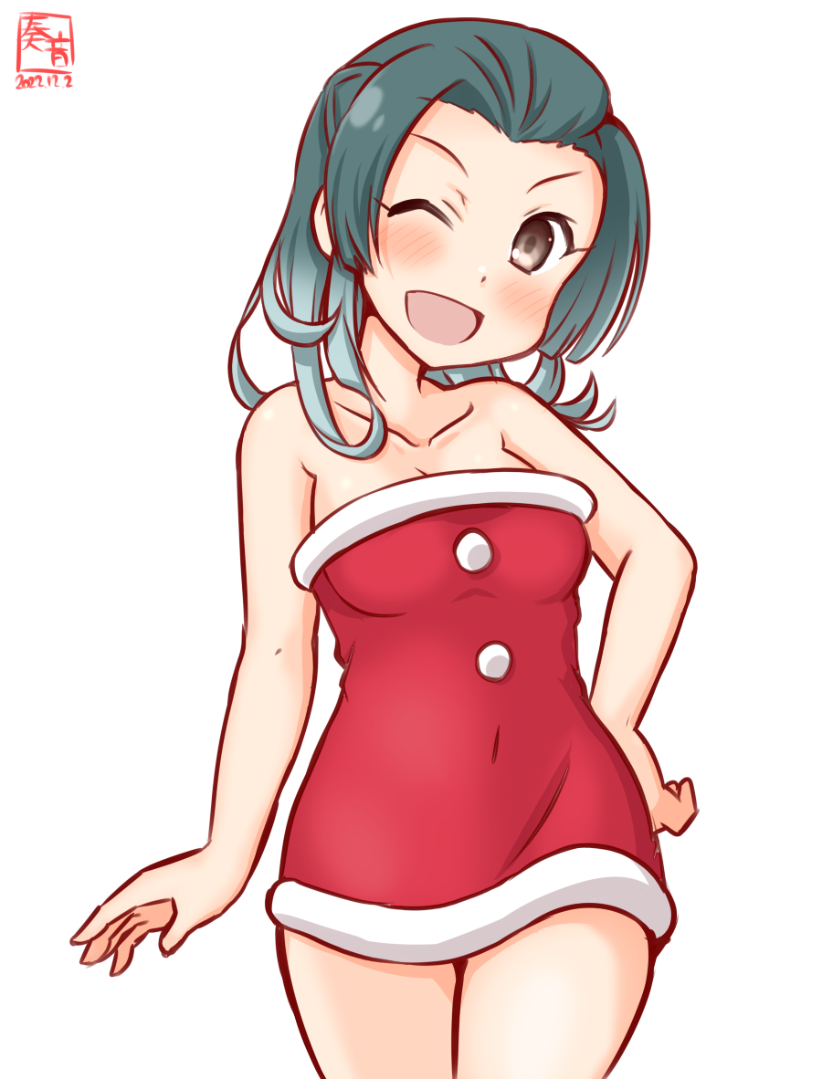 1girl, alternate_costume, artist_logo, bare_shoulders, blush, breasts, christmas, collarbone, cowboy_shot, dated, dress, kanon_(kurogane_knights), kantai_collection, long_hair, looking_at_viewer, one-hour_drawing_challenge, open_mouth, red_dress, simple_background, small_breasts, smile, solo, strapless, suzunami_(kancolle), white_background