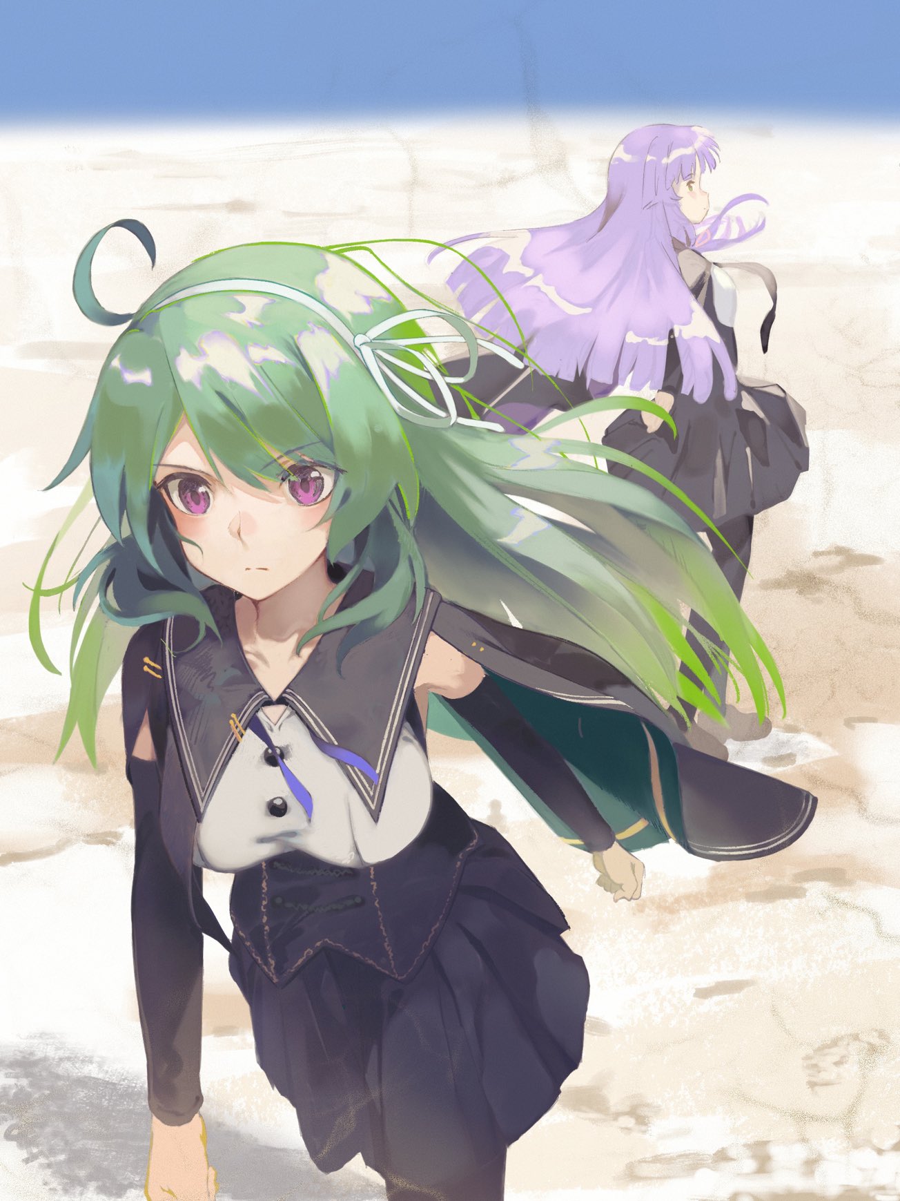 2girls, a.k.a.zkin, ahoge, aqua_eyes, assault_lily, bangs, banshouya_ena, black_cape
