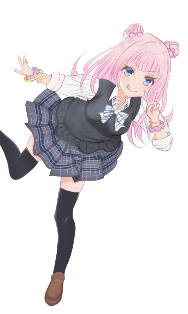 >:), 1girl, :q, assault_lily, black_sweater_vest, black_thighhighs, blue_eyes, bow