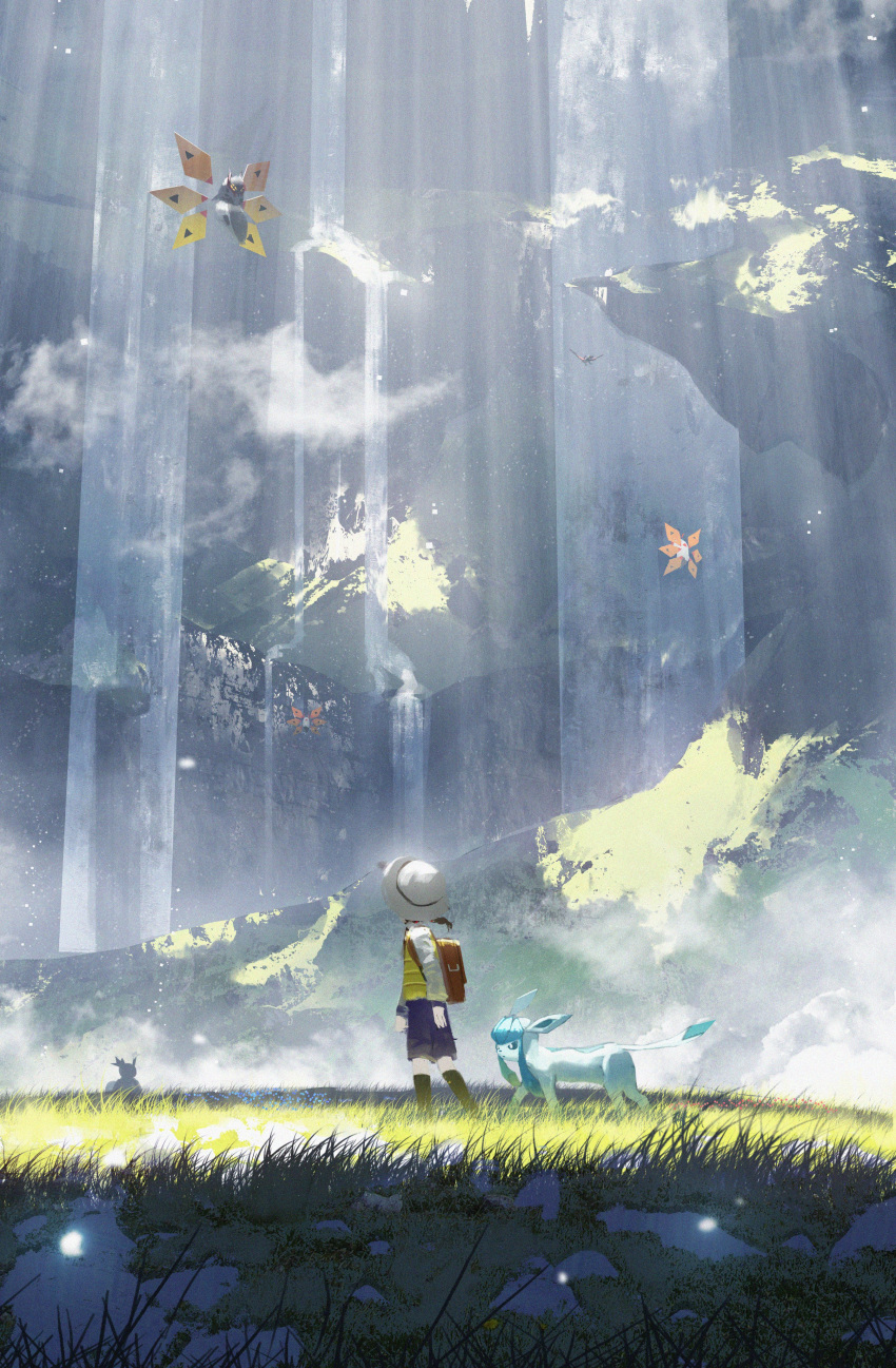 1girl, absurdres, asteroid_ill, backpack, bag, black_socks, blue_shorts, braid, brown_bag, brown_hair, bug, day, full_body, glaceon, grass, hat, highres, iron_moth, juliana_(pokemon), kneehighs, long_sleeves, looking_away, looking_up, medium_hair, outdoors, pokemon, pokemon_(creature), pokemon_(game), pokemon_sv, shirt, shorts, side_braid, single_braid, socks, solo, standing, uva_academy_uniform, vest, water, waterfall, white_headwear, white_shirt, yellow_vest