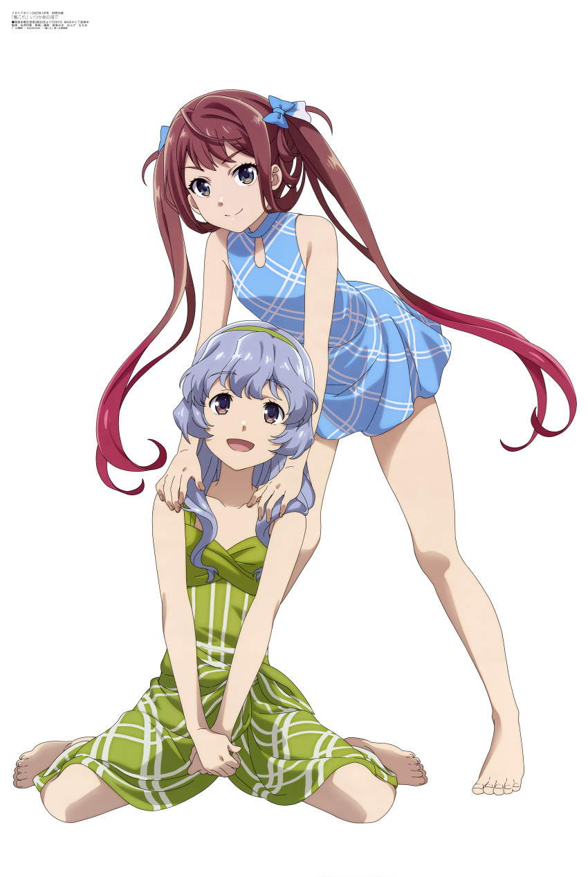 2girls, absurdres, asagumo_(kancolle), bangs, barefoot, blue_dress, blue_eyes, blue_hair