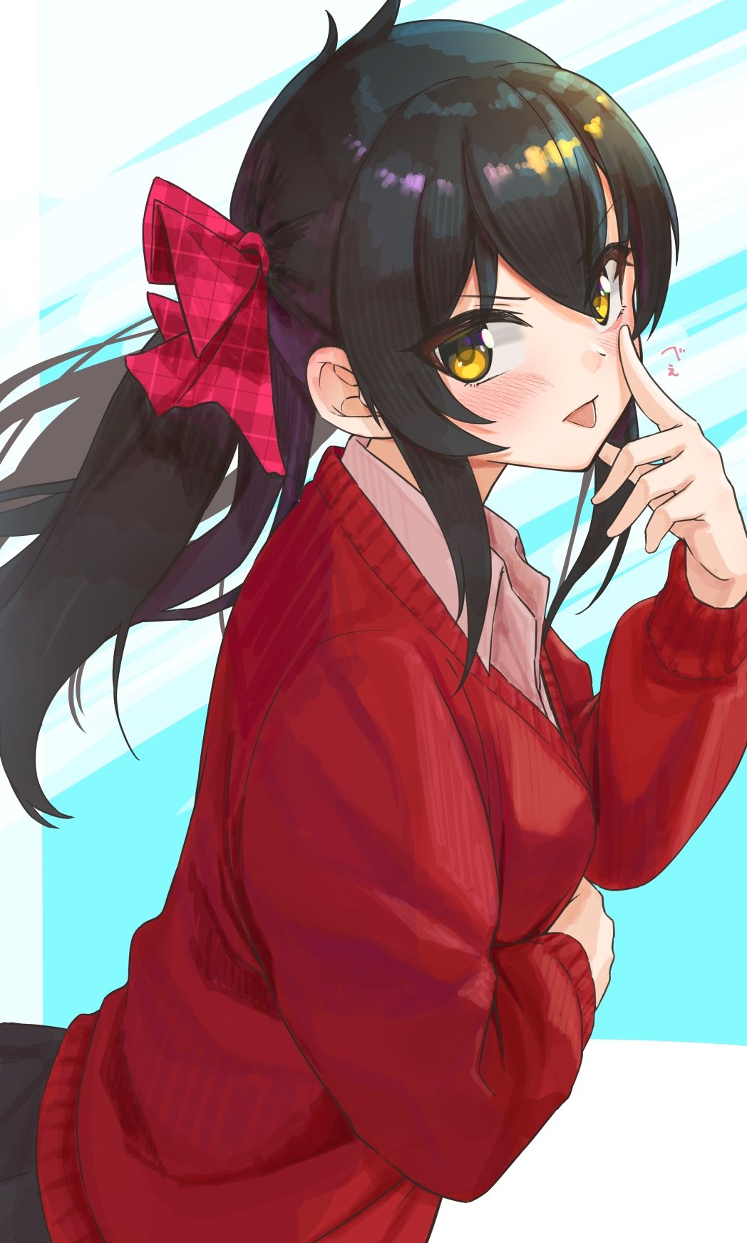 1girl, :p, akanbe, arm_under_breasts, black_hair, blush, breasts, cardigan