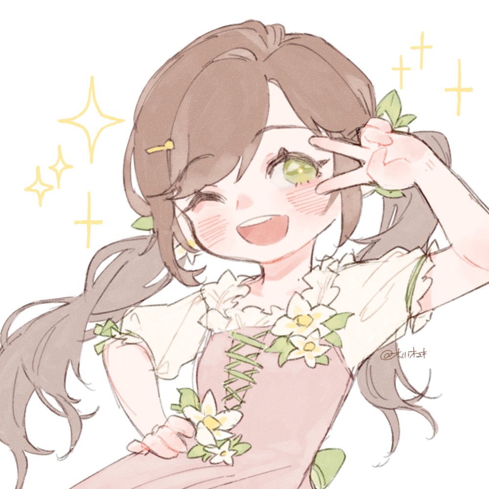 1girl, ;d, arm_up, blush, brown_hair, commentary, dress, green_eyes