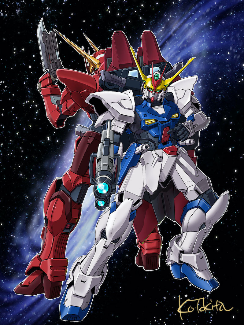 artist_name, back-to-back, bayonet, full_body, gun, gundam, gundam_astray_out_frame_d, gundam_seed
