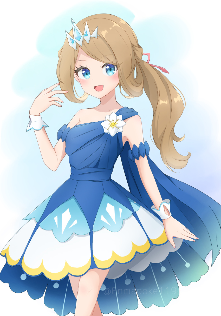 1girl, :d, blonde_hair, blue_dress, blue_eyes, blush, commentary_request, dress