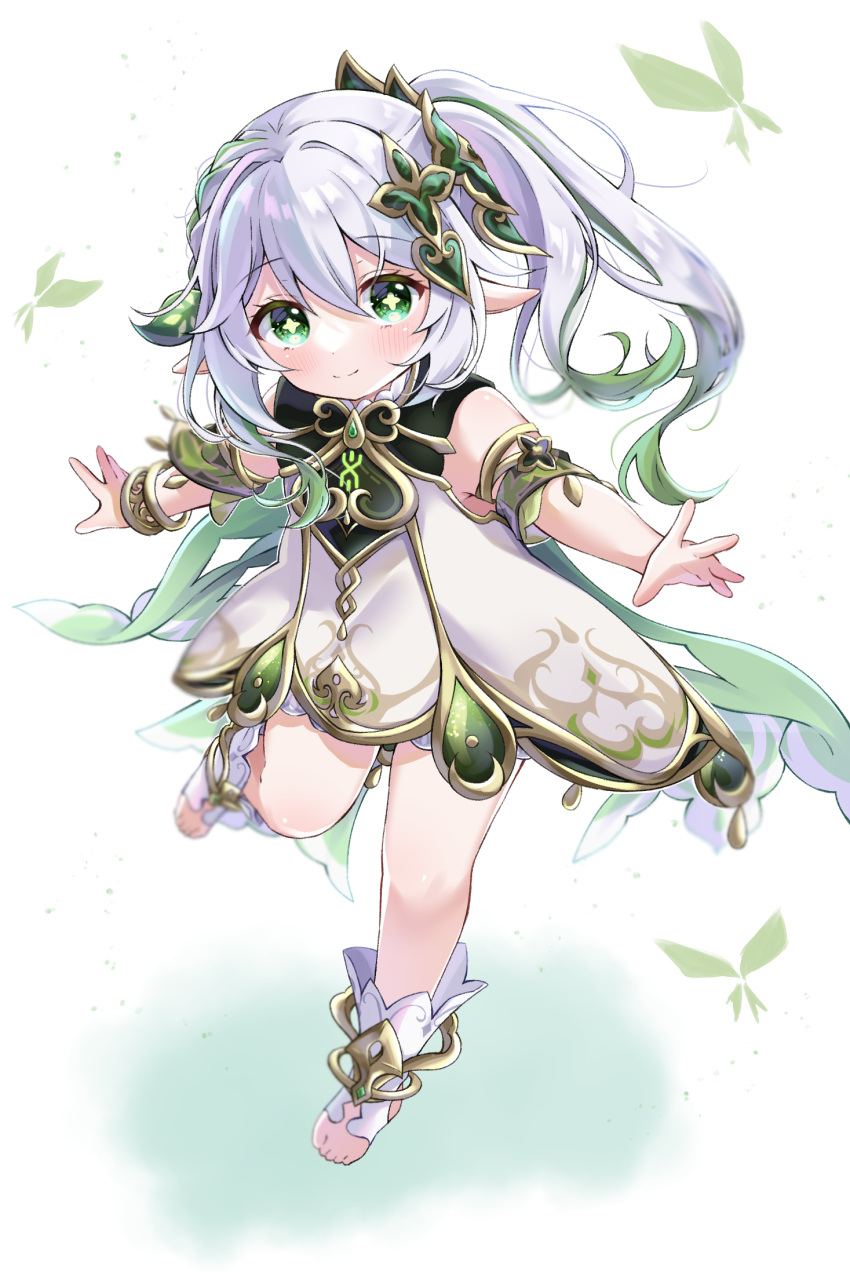 168_azusa, 1girl, bangs, bloomers, bracelet, braid, cape, commentary_request, crystalfly_(genshin_impact), detached_sleeves, dress, genshin_impact, gradient_hair, green_eyes, hair_between_eyes, hair_ornament, highres, jewelry, leaning_forward, long_hair, looking_at_viewer, multicolored_hair, nahida_(genshin_impact), outstretched_arms, pointy_ears, short_sleeves, side_ponytail, sidelocks, simple_background, single_braid, smile, solo, spread_arms, standing, standing_on_one_leg, stirrup_legwear, symbol-shaped_pupils, toeless_legwear, toes, underwear, white_background, white_dress, white_hair
