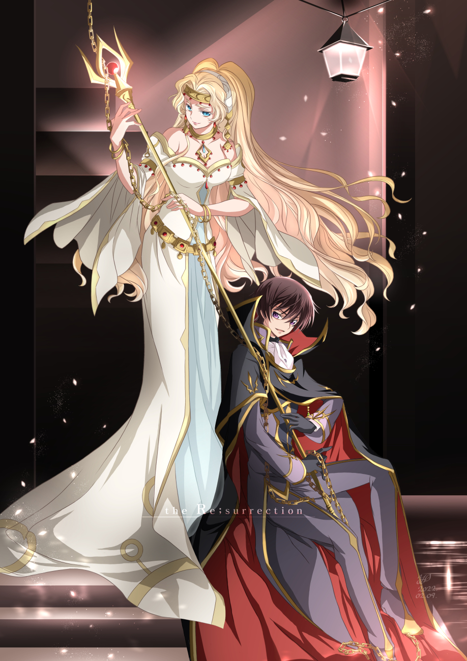 1boy, 1girl, blonde_hair, blue_eyes, brown_hair, chain, circlet, closed_mouth