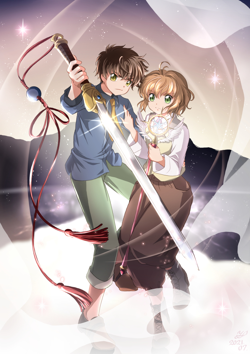 1boy, 1girl, antenna_hair, blue_shirt, brown_hair, brown_necktie, brown_pants, cardcaptor_sakura, closed_mouth, collared_shirt, dress_shirt, frown, green_eyes, green_pants, grey_footwear, highres, holding, holding_staff, holding_sword, holding_weapon, iwai10iwai, kinomoto_sakura, li_xiaolang, long_sleeves, necktie, pants, shirt, short_hair, staff, sword, weapon, wing_collar, yellow_eyes