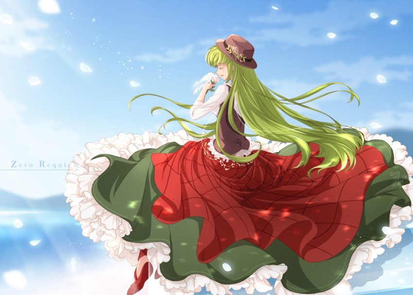 1girl, blue_sky, brown_headwear, brown_vest, c.c., closed_eyes, code_geass, copyright_name, day, floating_hair, green_hair, green_skirt, hat, iwai10iwai, layered_skirt, long_hair, long_skirt, multicolored_clothes, multicolored_skirt, open_mouth, outdoors, petals, profile, red_footwear, red_skirt, shiny, shiny_hair, shirt, skirt, sky, solo, straight_hair, sunlight, very_long_hair, vest, white_shirt, white_skirt