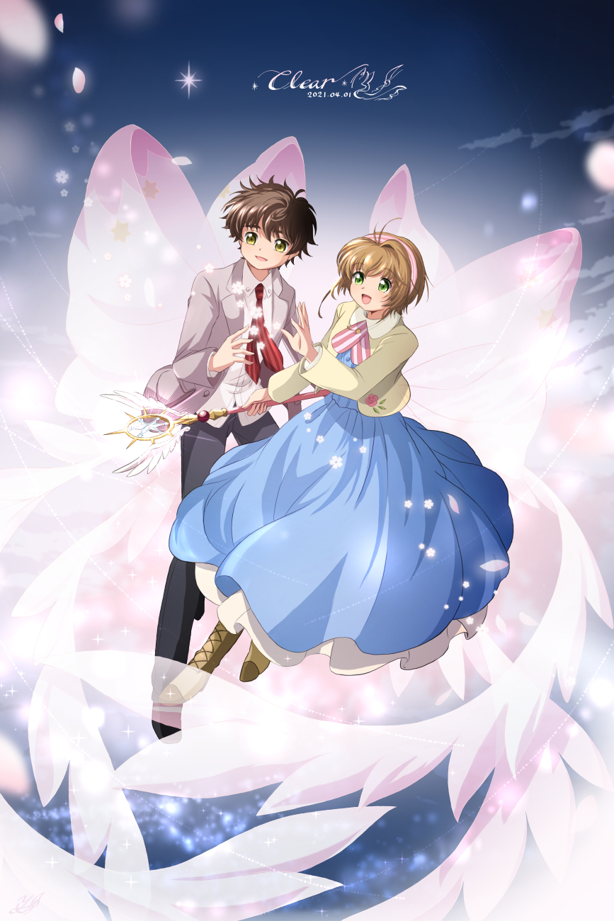 1boy, 1girl, 2021, :d, antenna_hair, black_pants, blazer, blue_dress