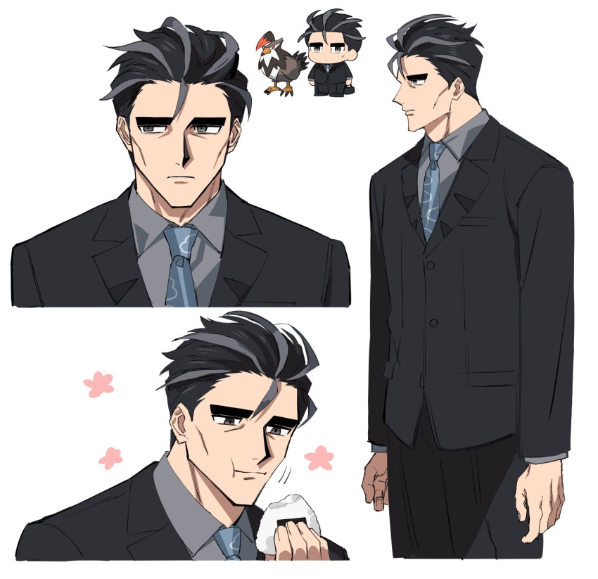 1boy, :t, black_hair, black_jacket, black_pants, buttons, closed_mouth, commentary_request