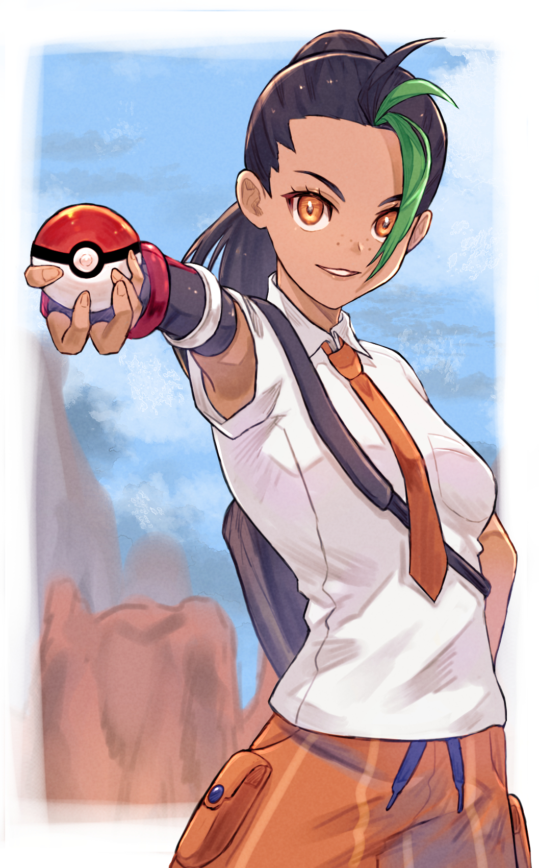 1girl, backpack, bag, black_hair, breast_pocket, collared_shirt, commentary_request, eyelashes, freckles, green_hair, highres, holding, holding_poke_ball, multicolored_hair, necktie, nemona_(pokemon), orange_eyes, orange_necktie, orange_shorts, parted_lips, pocket, poke_ball, poke_ball_(basic), pokemon, pokemon_(game), pokemon_sv, ponytail, shirt, shorts, smile, solo, streaked_hair, tomaton_(t_0), two-tone_hair, white_shirt