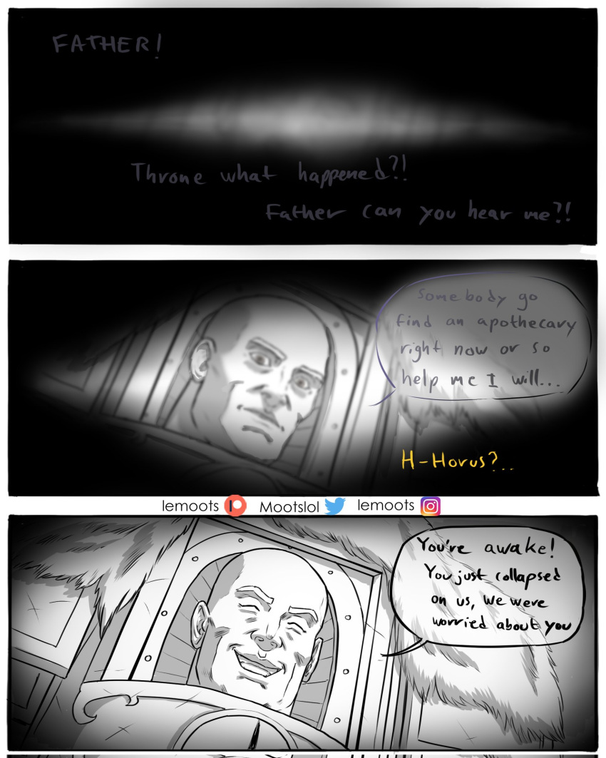 1boy, bald, english_commentary, english_text, greyscale, highres, horus_lupercal, instagram_logo, instagram_username, monochrome, mootslol, patreon_logo, patreon_username, pelt, power_armor, primarch, smile, twitter_logo, twitter_username, warhammer_40k, wolf_pelt