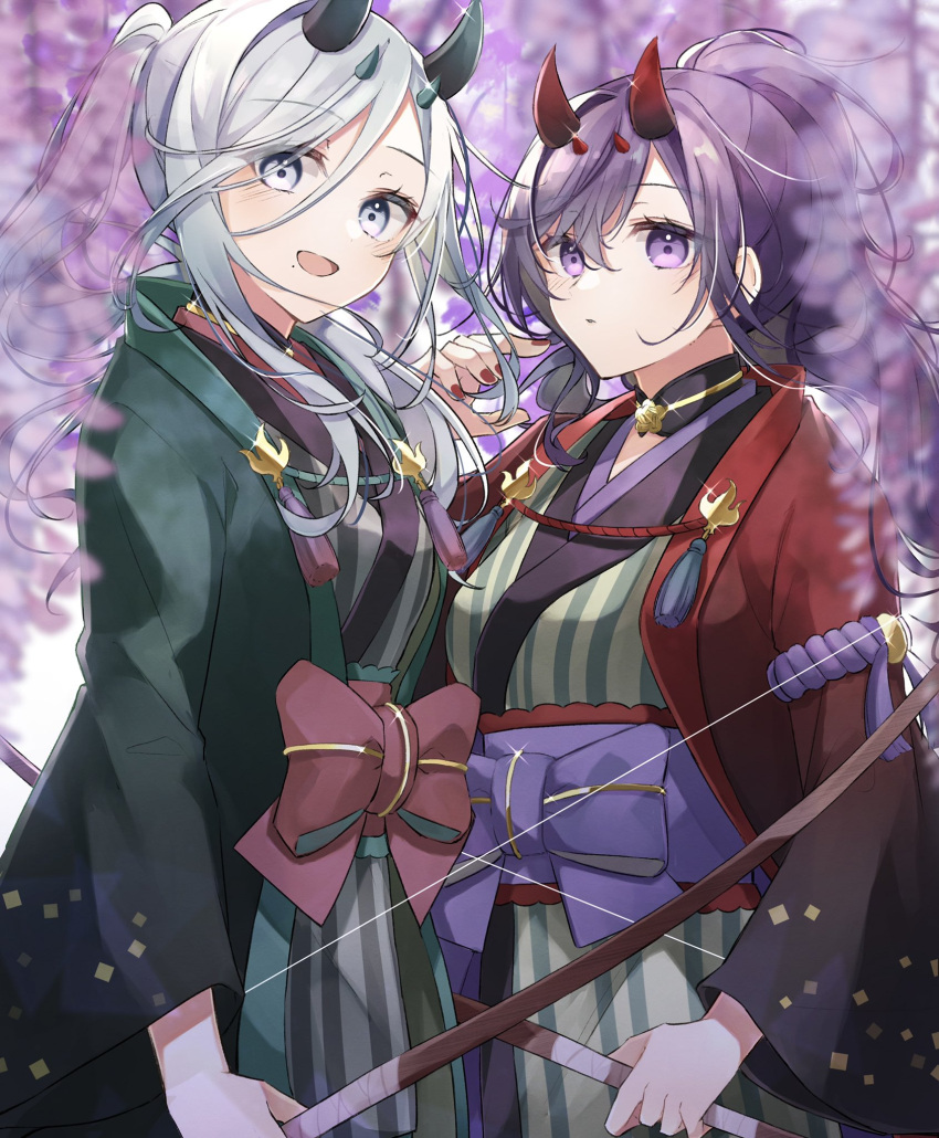2girls, aqua_horns, asahina_mafuyu, blue_eyes, blue_hair, bow_(weapon), commentary, expressionless
