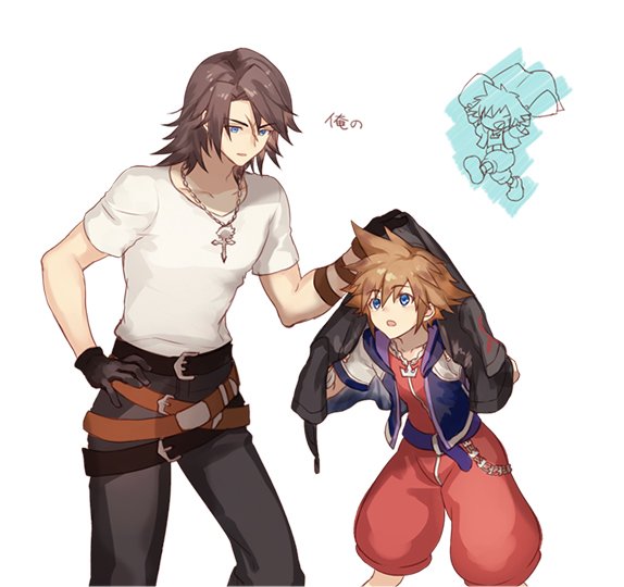 2boys, bangs, belt, black_gloves, black_pants, blue_eyes, chain_necklace, cowboy_shot, final_fantasy, final_fantasy_viii, gloves, hair_between_eyes, hand_on_hip, hood, hood_down, hooded_jacket, jacket, jacket_on_head, jewelry, kingdom_hearts, looking_at_another, male_focus, medium_hair, multiple_belts, multiple_boys, necklace, pants, parted_bangs, parted_lips, puffy_shorts, red_shirt, red_shorts, sasanomesi, scar, scar_on_face, scar_on_forehead, shirt, short_hair, short_sleeves, shorts, sora_(kingdom_hearts), spiky_hair, squall_leonhart, t-shirt, white_background, white_shirt