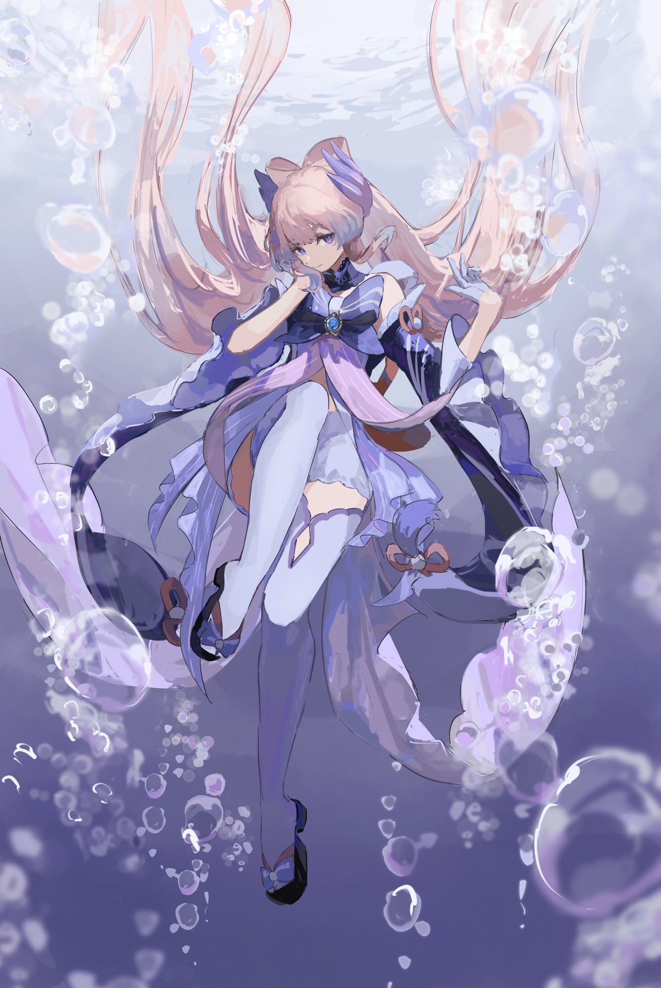 1girl, aco_gbfg, air_bubble, bare_shoulders, blue_bow, blue_dress, blue_eyes, blue_gloves