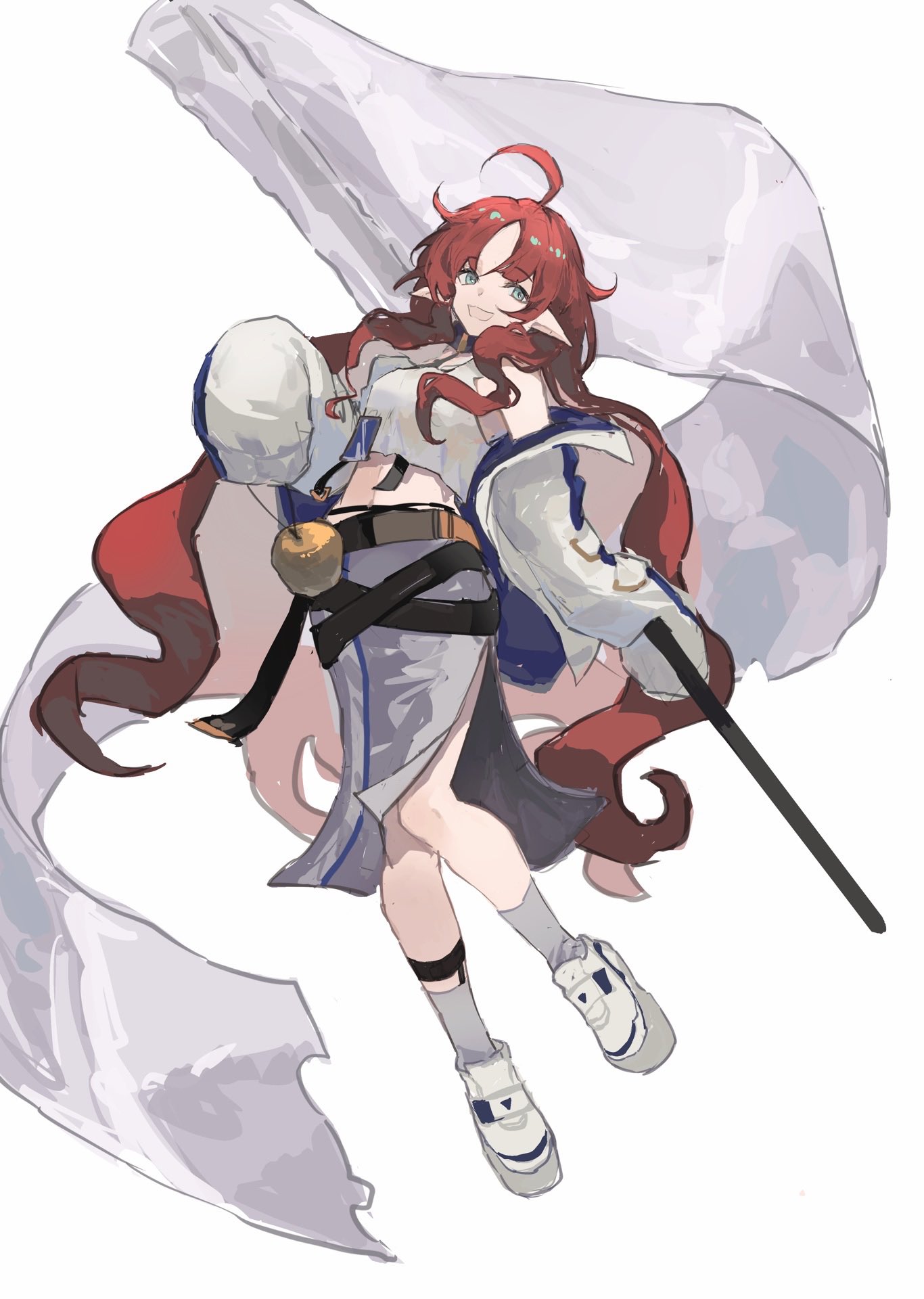 1girl, aco_gbfg, ahoge, apple, arknights, bare_shoulders, belt, black_belt