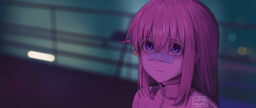 1girl, absurdres, bandaid, bandaid_on_face, bandaid_on_nose, blade_runner_2049, blue_eyes, blurry