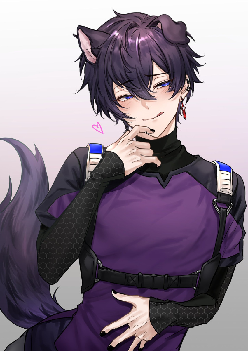1boy, :q, animal_ears, bangs, black_hair, black_nails, black_shirt, blue_eyes