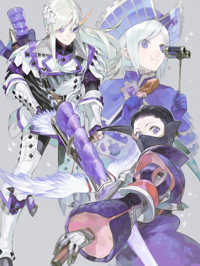 1boy, 2others, :t, armor, barioth_(armor), binoculars, chameleos_(armor), chewing