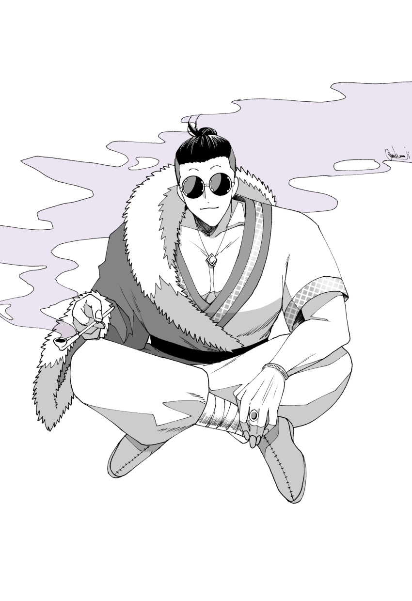 1boy, attila_(rosen_garten_saga), black_hair, fur_trim, greyscale, hair_bun, highres, holding