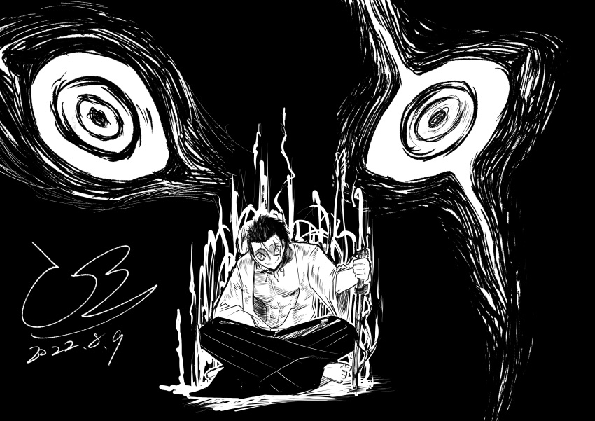 absurdres, aura, black_background, black_hair, crazyblue, dark_background, eye_focus, greyscale