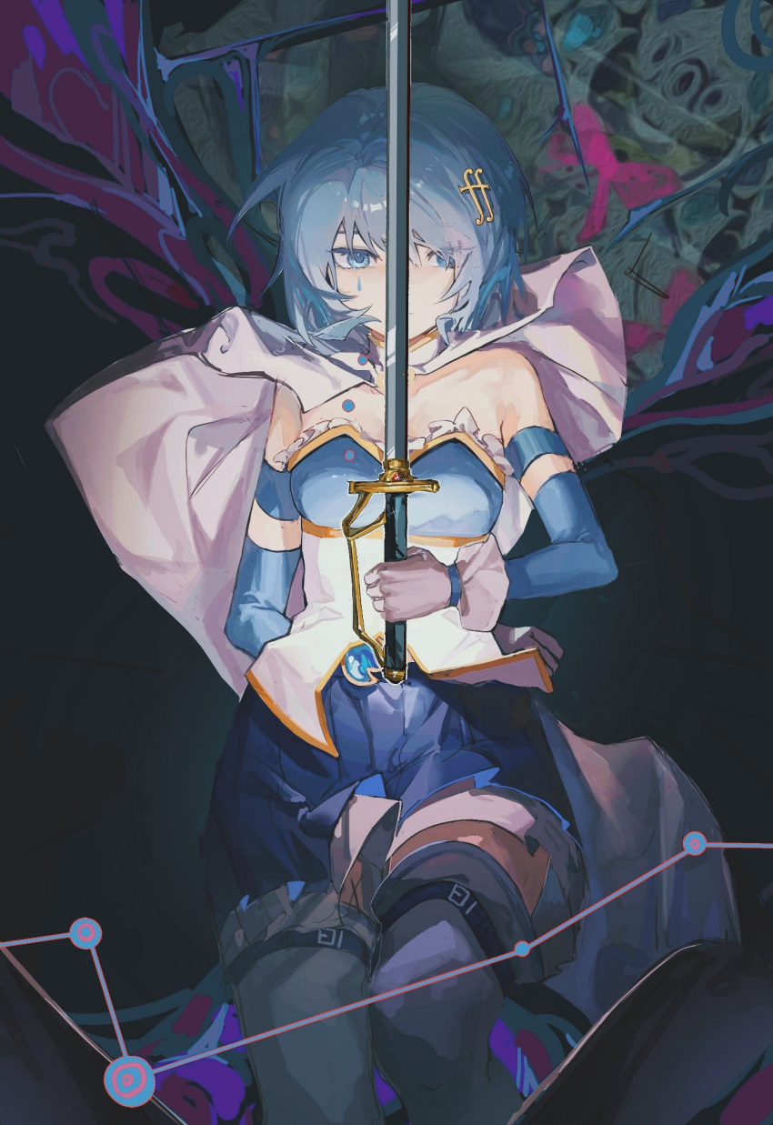 1girl, abstract_background, arm_behind_back, bangs, bare_shoulders, blue_eyes, blue_gemstone, blue_hair