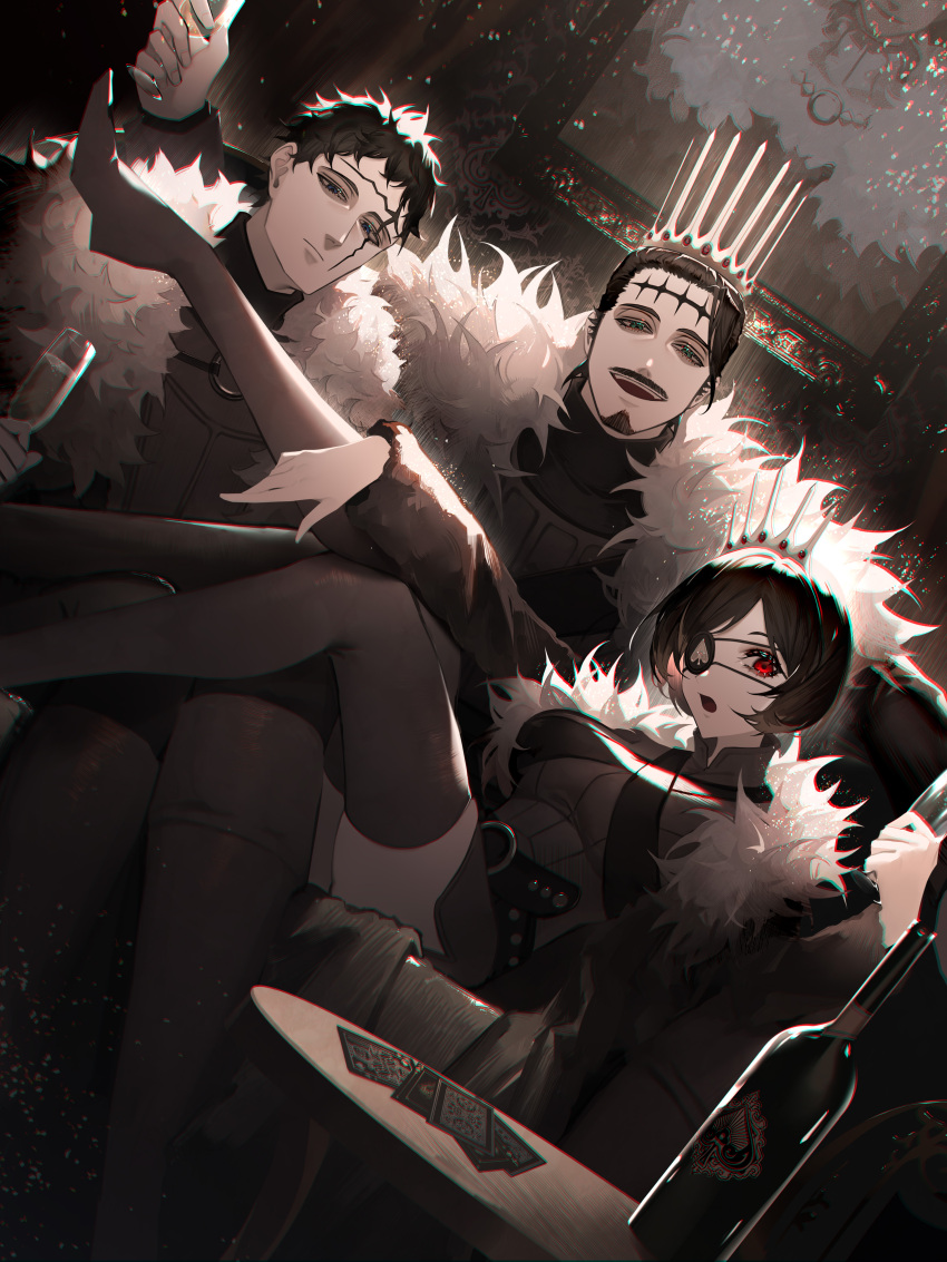 1girl, 2boys, absurdres, black_clover, black_hair, blue_eyes, cape, coat