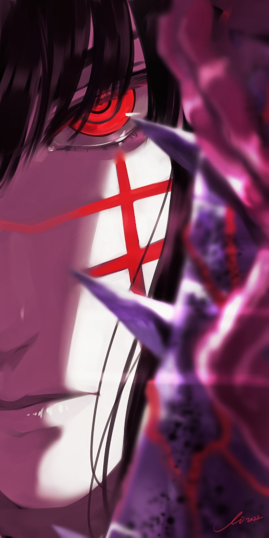 1girl, bangs, black_hair, chainsaw_man, cheng_(zi74438982), cross_scar, holding, holding_weapon
