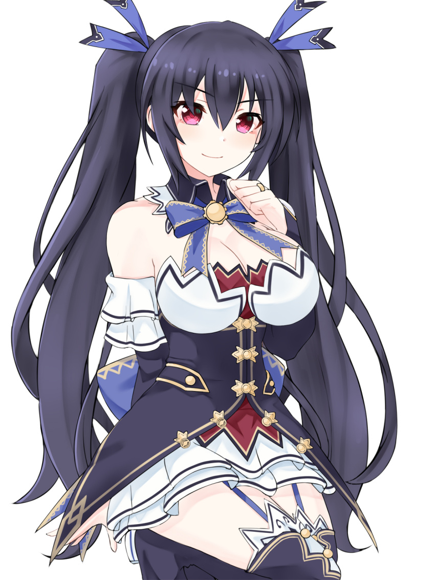 1girl, bangs, bare_shoulders, black_hair, blue_ribbon, breasts, detached_collar, detached_sleeves, frills, hair_between_eyes, hair_ribbon, happy, highres, long_hair, looking_at_viewer, medium_breasts, neptune_(series), noire_(neptune_series), pleated_skirt, red_eyes, ribbon, simple_background, skirt, smile, solo, thigh-highs, twintails, very_long_hair, white_skirt, zatsu