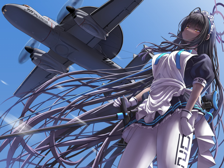 1girl, aircraft, airplane, anti-materiel_rifle, apron, awacs, bangs, black_hair