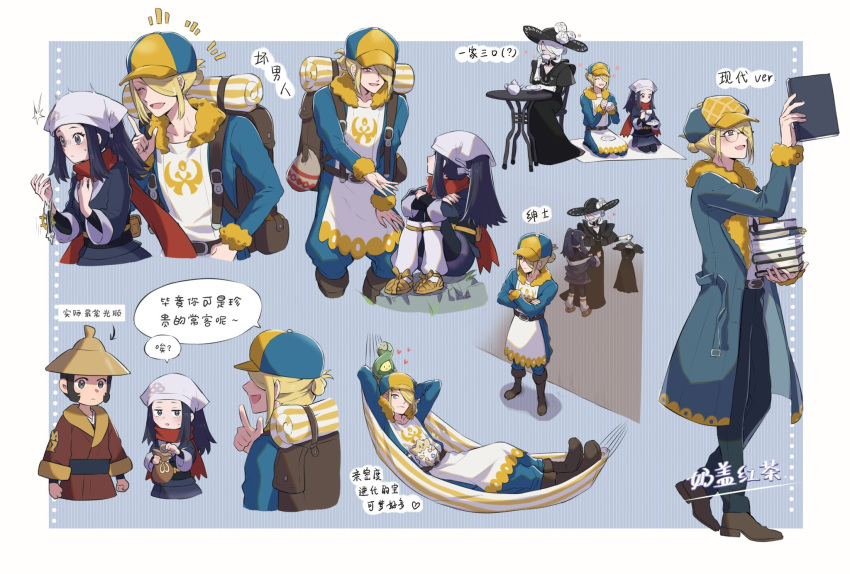2boys, 2girls, akari_(pokemon), arrow_(symbol), backpack, bag, black_dress, black_hair, black_headwear, blonde_hair, blue_jumpsuit, book, boots, brown_bag, brown_footwear, brown_headwear, brown_jacket, chair, cogita_(pokemon), commentary_request, dress, flower, grass, grey_jacket, hat, hat_flower, head_scarf, highres, holding, holding_book, jacket, jumpsuit, logo, long_hair, loose_socks, multiple_boys, multiple_girls, nai_gai_hongcha, pokemon, pokemon_(game), pokemon_legends:_arceus, ponytail, red_scarf, scarf, security_corps_(pokemon), shoes, sitting, socks, speech_bubble, table, translation_request, volo_(pokemon), white_flower, white_headwear