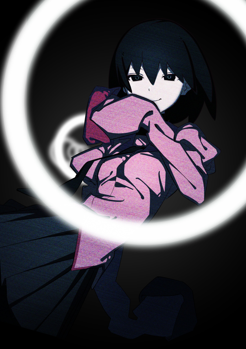 1girl, absurdres, arm_behind_back, bangs, black_background, black_eyes, black_hair, black_skirt, bob_cut, breasts, closed_mouth, commentary, dark, empty_eyes, eye_reflection, film_grain, glowing, hair_between_eyes, hand_to_own_mouth, highres, houwashiteiru, leaning_back, light_smile, looking_at_viewer, monogatari_(series), naoetsu_high_school_uniform, oshino_ougi, pale_skin, pink_shirt, pleated_skirt, reflection, ring_light, school_uniform, shirt, short_hair, skirt, sleeves_past_fingers, sleeves_past_wrists, small_breasts, smile, solo, texture, underlighting