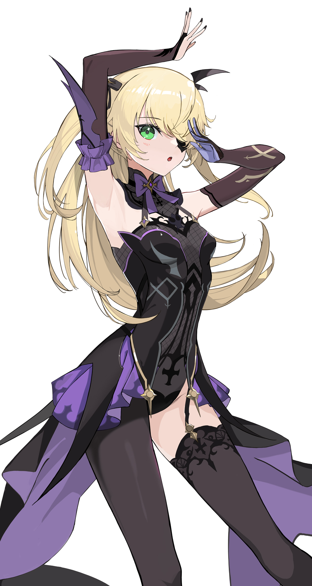 1girl, arm_up, armpits, asymmetrical_sleeves, bangs, black_leotard, black_pantyhose, blonde_hair