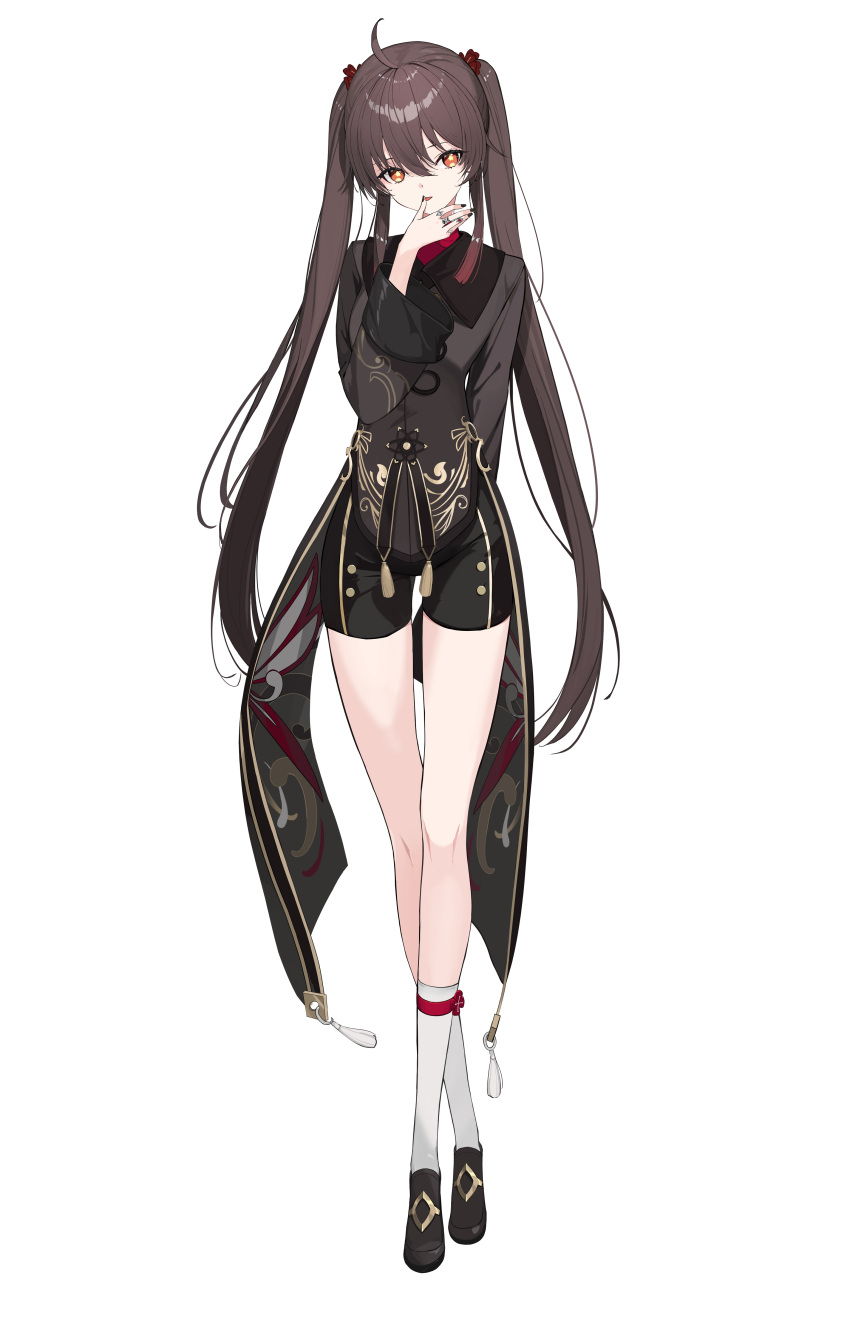 1girl, :p, absurdres, ahoge, arm_behind_back, bangs, black_footwear, black_nails