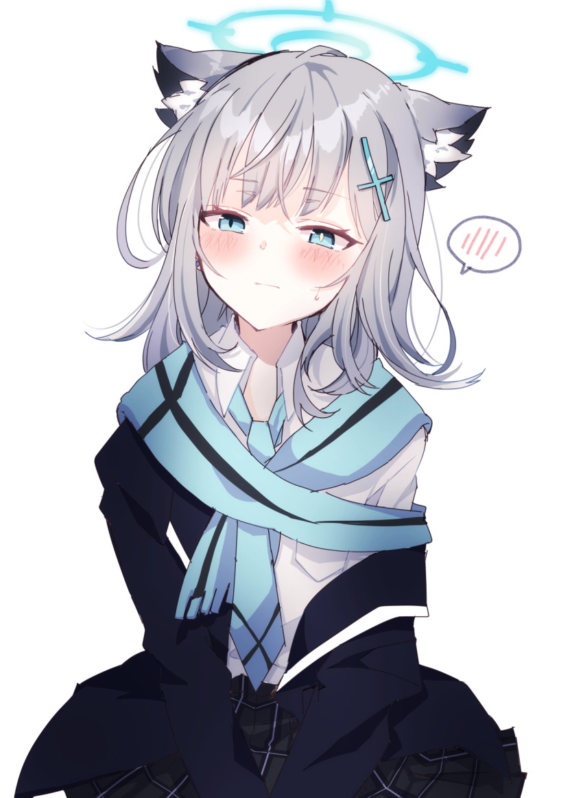 1girl, animal_ears, black_jacket, blue_archive, blue_eyes, blue_necktie, blue_scarf, blush