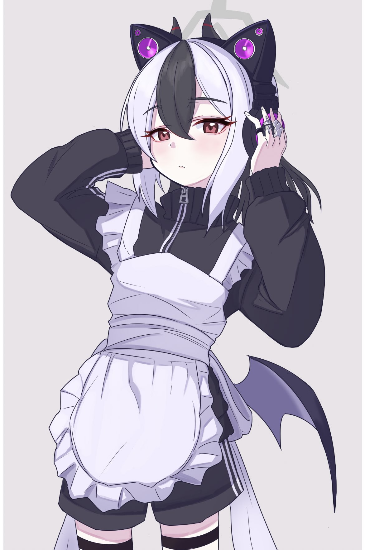 1girl, adjusting_headphones, alternate_costume, animal_ears, apron, bangs, black_shorts, blue_archive