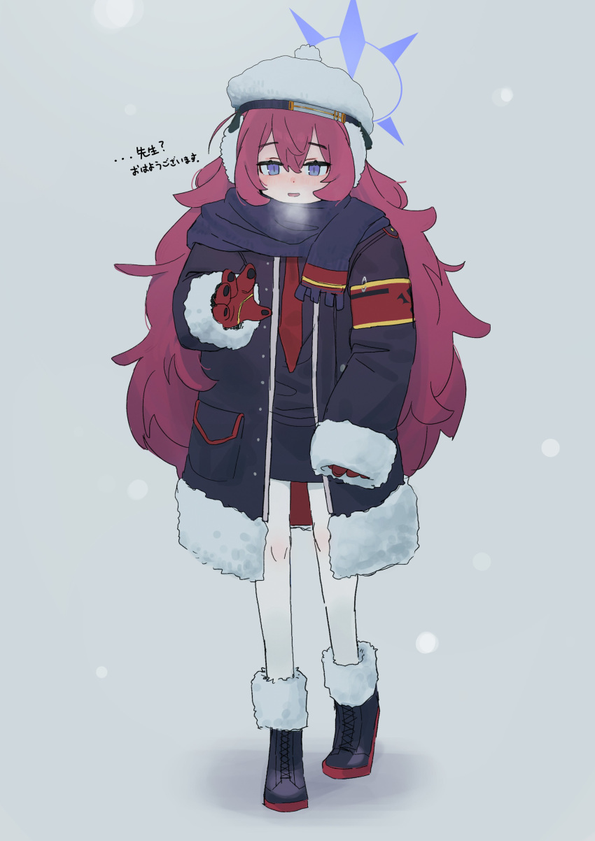 1girl, 3_tree, absurdres, bangs, bare_legs, beret, black_coat, black_footwear, black_scarf, black_shirt, blue_archive, blush, boots, breath, coat, cold, crossed_bangs, earmuffs, full_body, fur-trimmed_boots, fur-trimmed_coat, fur_trim, gloves, grey_eyes, hair_between_eyes, halo, hat, highres, iroha_(blue_archive), long_coat, long_hair, looking_at_viewer, messy_hair, necktie, open_mouth, pale_skin, pencil_skirt, reaching_towards_viewer, red_armband, red_gloves, red_necktie, redhead, safety_pin, scarf, shadow, shirt, sidelocks, skirt, sleeves_past_wrists, slit_pupils, smile, snow, snowing, solo, very_long_hair, wavy_hair, white_background, white_headwear, winter_clothes